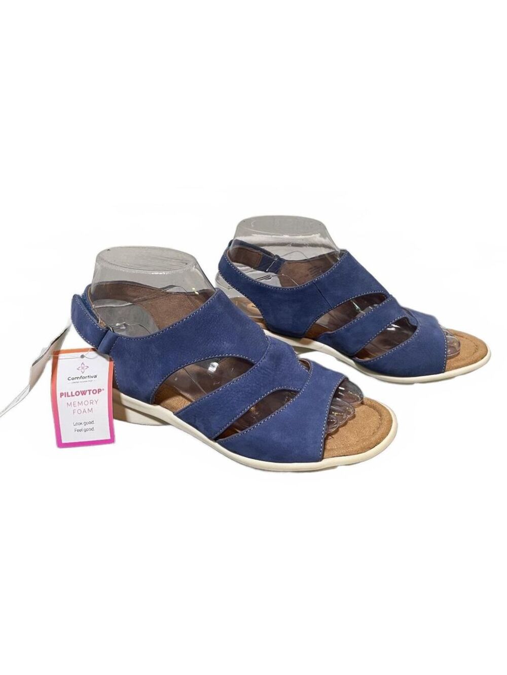 Comfortiva Blue Denim Perma Suede Crossover Strap 7 Wide Comfort Orthopedic NWT